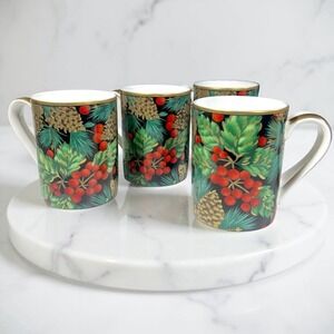 Fitz and‎ Floyd Holiday Pine Bone China Christmas Mugs Cups Gold Trim Set of 4